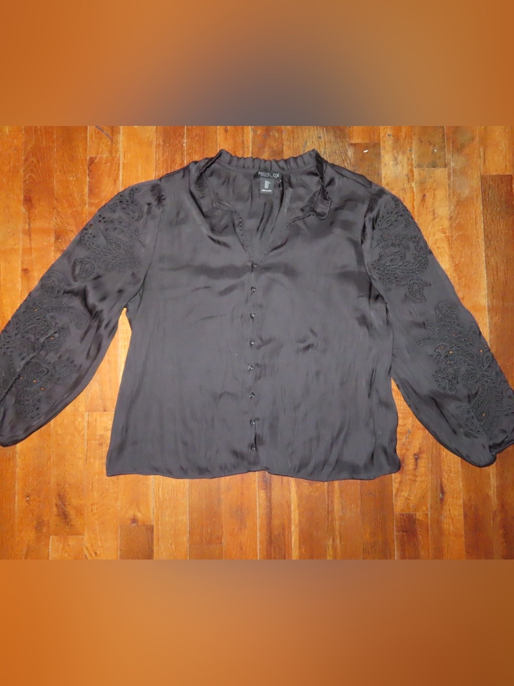 Rachel Zoe Black Button-Front Embroidered Sleeve Blouse
